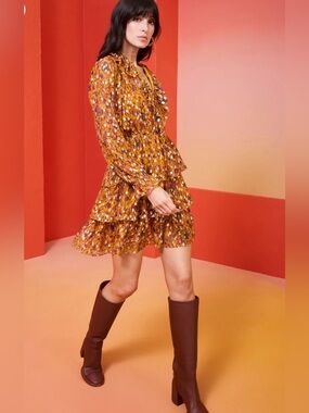 Marie Oliver Mustard Floral Tiered Long-Sleeve Dress